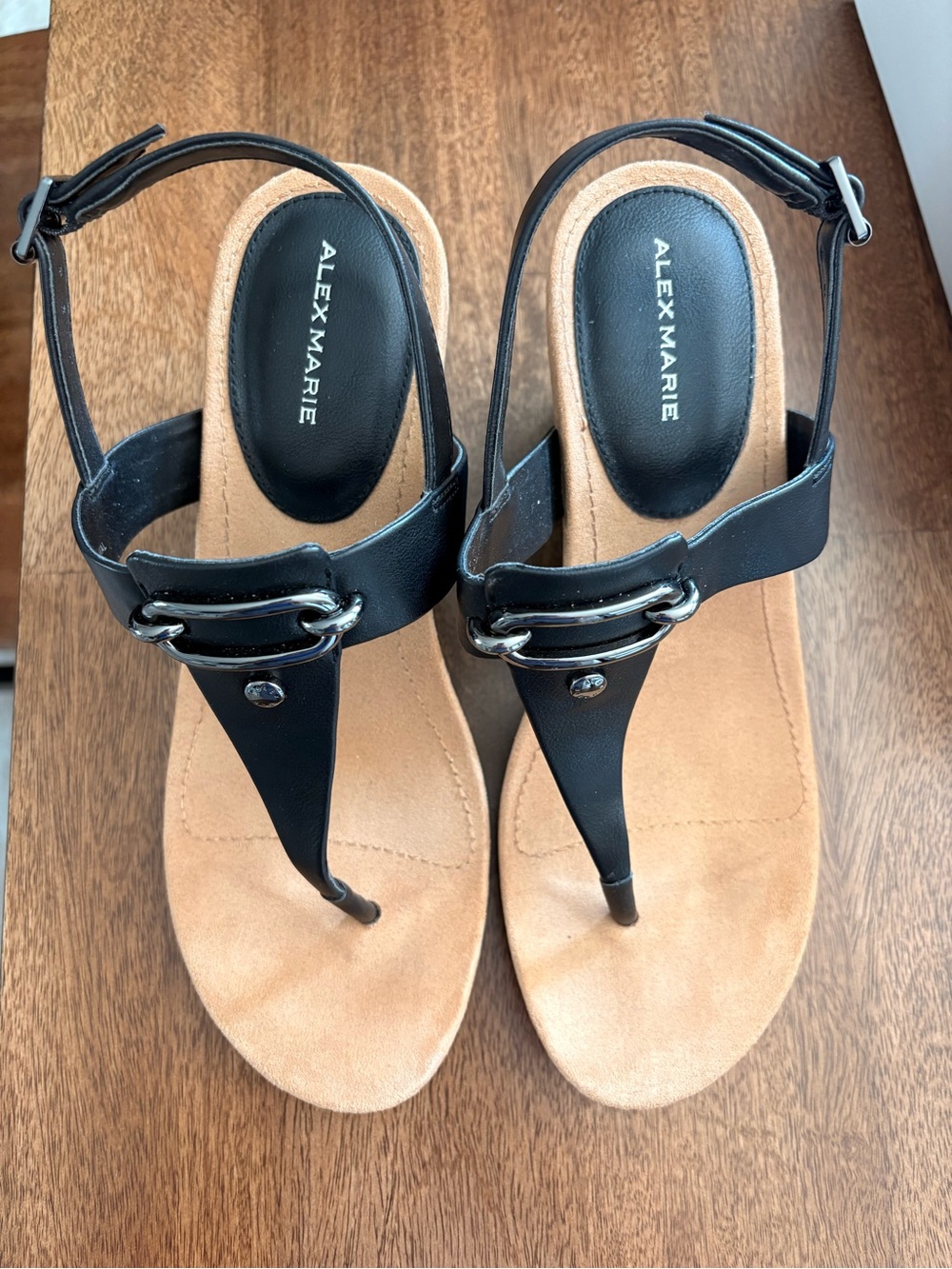 Alex Marie Black Thong Sandals with Tan Footbed and Silver Accent